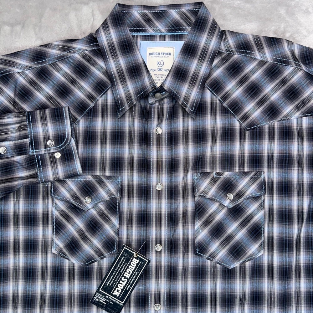 PANHANDLE SLIM Rough Stock Shirt Men XL Blue Plaid Western Pearl Snap Button NWT